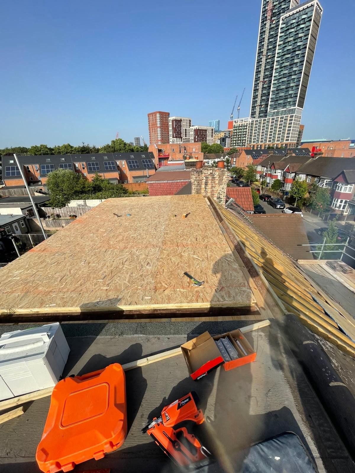 Flat roof deck and pitched roof